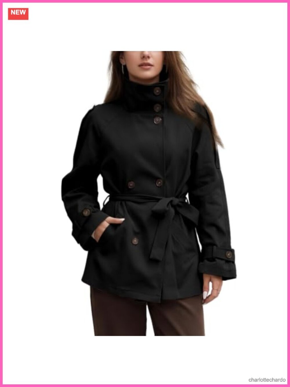 Double Breasted Button Down Windbreaker Jacket Belted Long Sleeve
